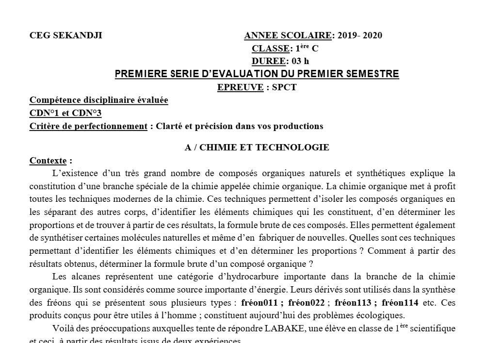 Aperçu de la première page — 1ère C Physique Chimie Technologie Devoir 1 Semestre 1 CEG Sèkandji 2019 2020