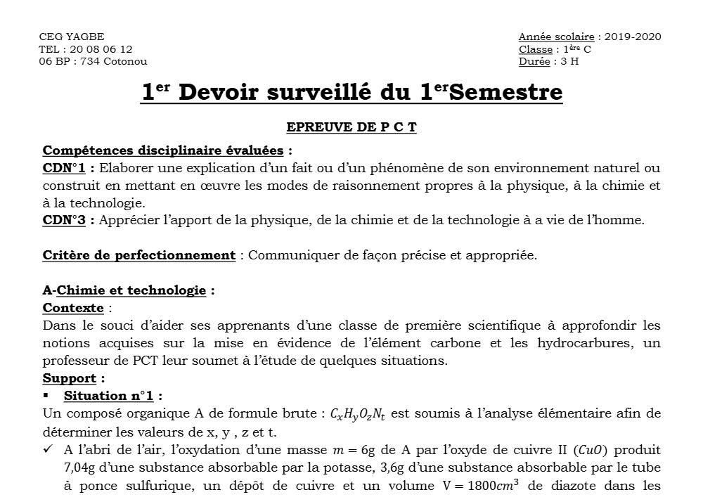 Aperçu de la première page — 1ère C Physique Chimie Technologie Devoir 1 Semestre 1 CEG Yagbe 2019 2020