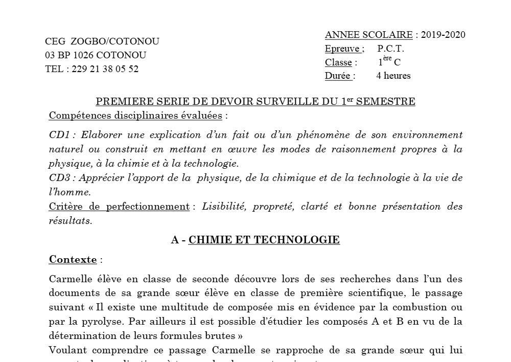 Aperçu de la première page — 1ère C Physique Chimie Technologie Devoir 1 Semestre 1 CEG Zogbo 2019 2020