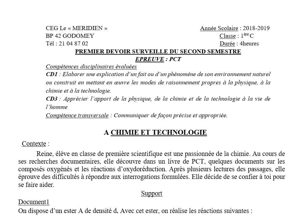 Aperçu de la première page — 1ère C Physique Chimie Technologie Devoir 1 Semestre 2 CEG Le Meridien 2018 2019