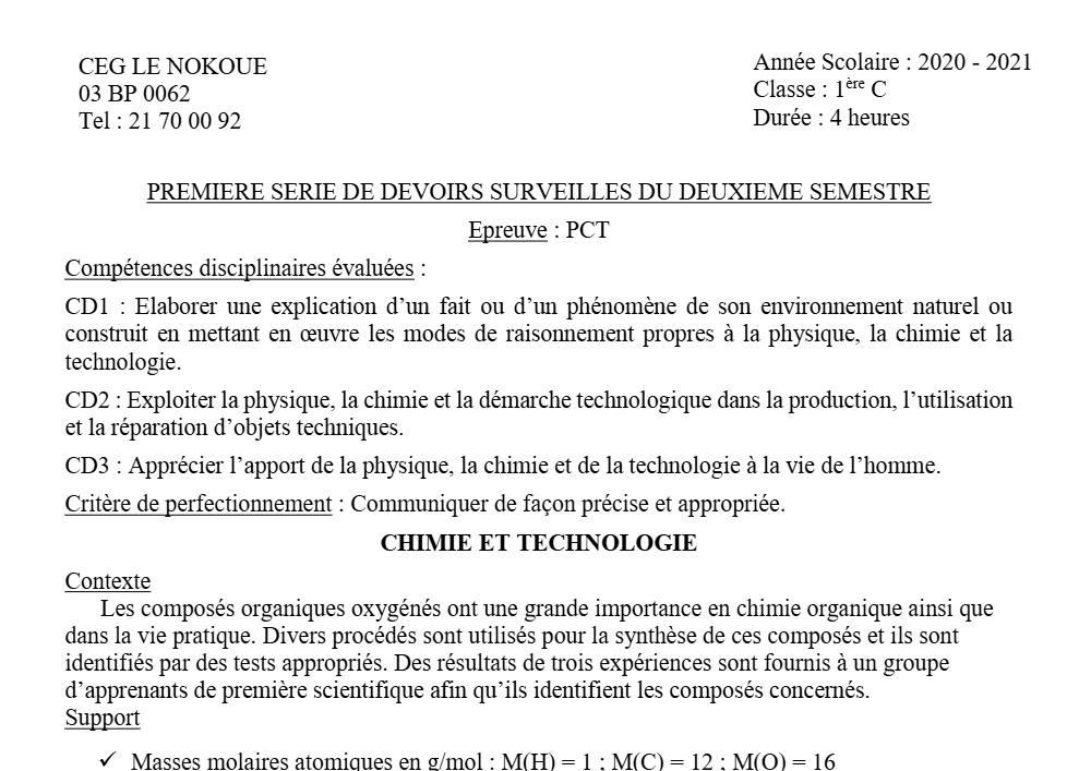 Aperçu de la première page — 1ère C Physique Chimie Technologie Devoir 1 Semestre 2 CEG Le Nokoué 2020 2021