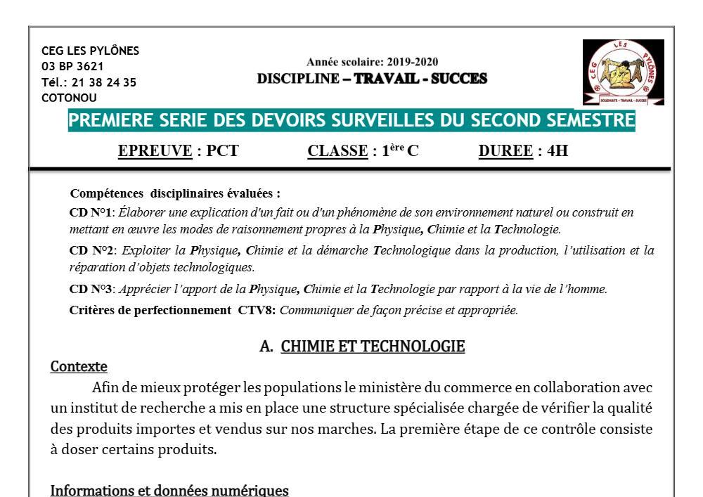 Aperçu de la première page — 1ère C Physique Chimie Technologie Devoir 1 Semestre 2 CEG Les Pylônes 2019 2020