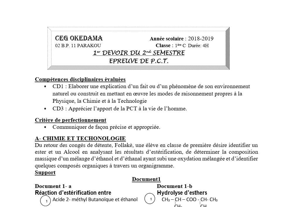Aperçu de la première page — 1ère C Physique Chimie Technologie Devoir 1 Semestre 2 CEG Okedama 2018 2019