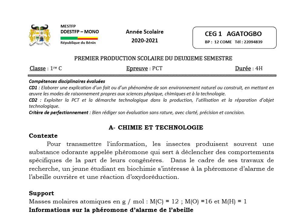 Aperçu de la première page — 1ère C Physique Chimie Technologie Devoir 1 Semestre 2 CEG Segbohoue 2020 2021