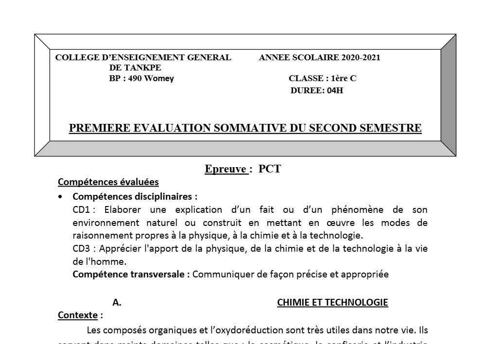 Aperçu de la première page — 1ère C Physique Chimie Technologie Devoir 1 Semestre 2 CEG Tankpè 2020 2021