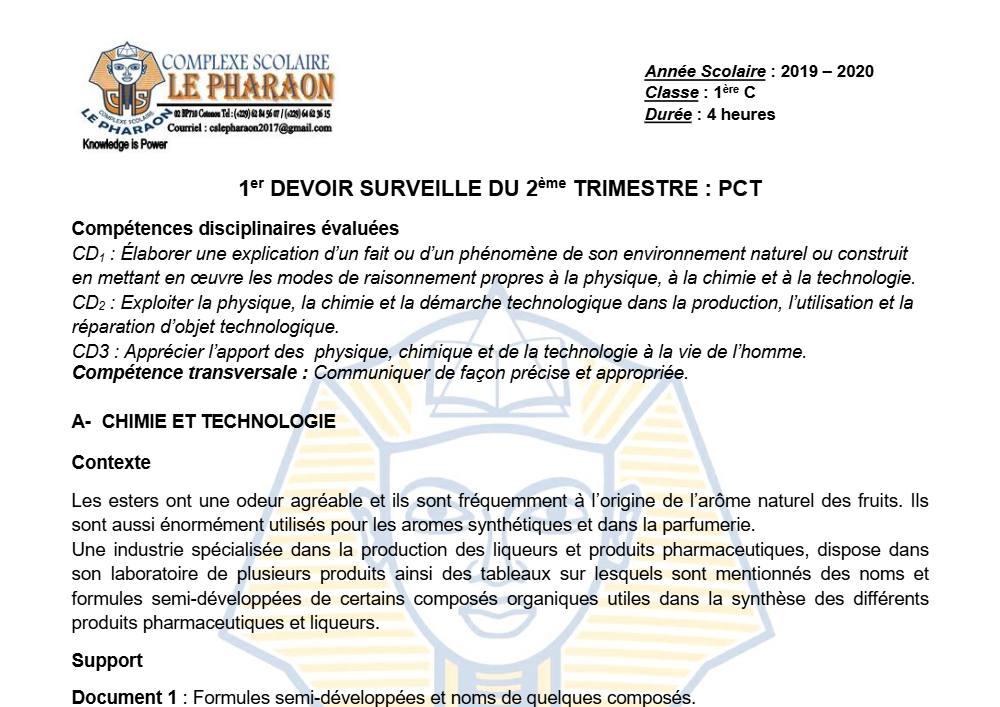 Aperçu de la première page — 1ère C Physique Chimie Technologie Devoir 1 Trimestre 2 CS Le Pharaon 2019 2020