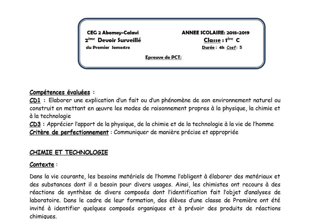 Aperçu de la première page — 1ère C Physique Chimie Technologie Devoir 2 Semestre 1 CEG2 Abomey Calavi 2018 2019