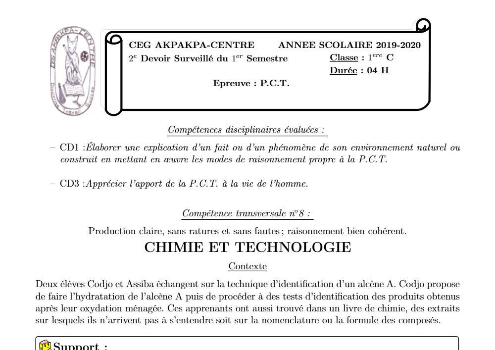 Aperçu de la première page — 1ère C Physique Chimie Technologie Devoir 2 Semestre 1 CEG Akpakpa 2019 2020