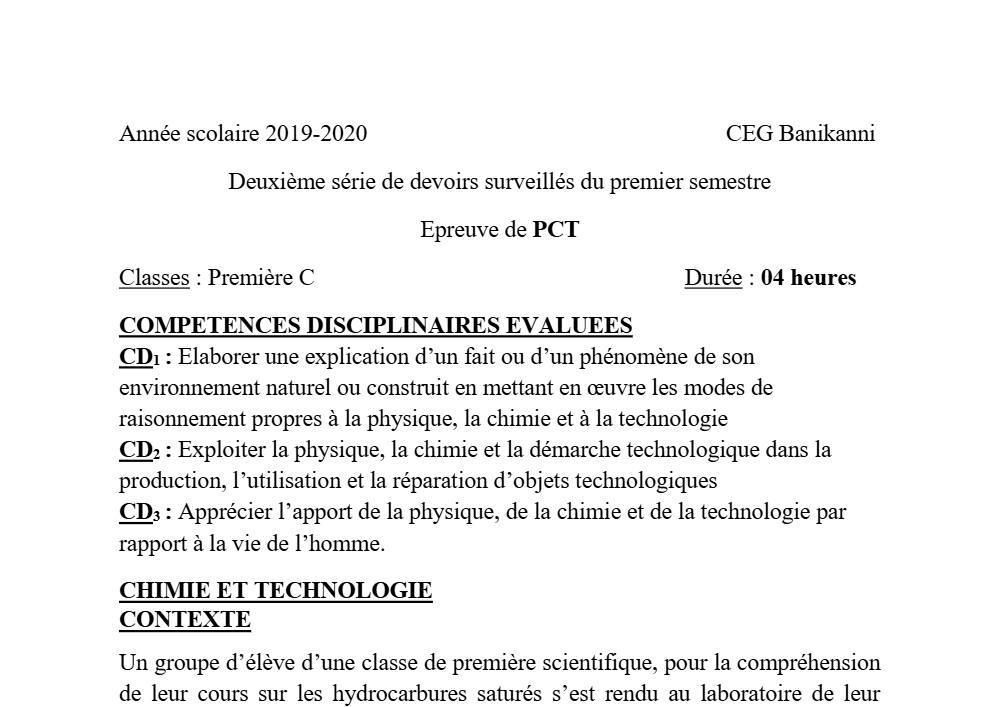 Aperçu de la première page — 1ère C Physique Chimie Technologie Devoir 2 Semestre 1 CEG Banikanni 2019 2020