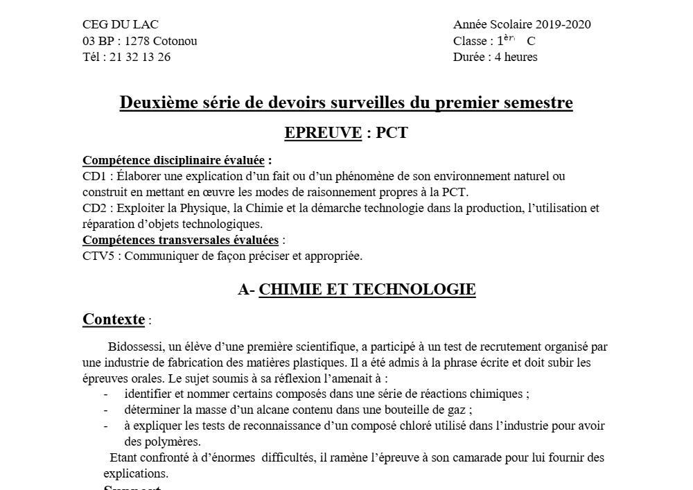 Aperçu de la première page — 1ère C Physique Chimie Technologie Devoir 2 Semestre 1 CEG du Lac 2019 2020