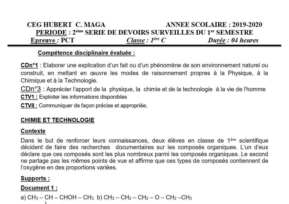 Aperçu de la première page — 1ère C Physique Chimie Technologie Devoir 2 Semestre 1 CEG Hubert C Maga 2019 2020