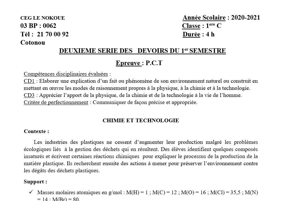 Aperçu de la première page — 1ère C Physique Chimie Technologie Devoir 2 Semestre 1 CEG Le Nokoué 2020 2021