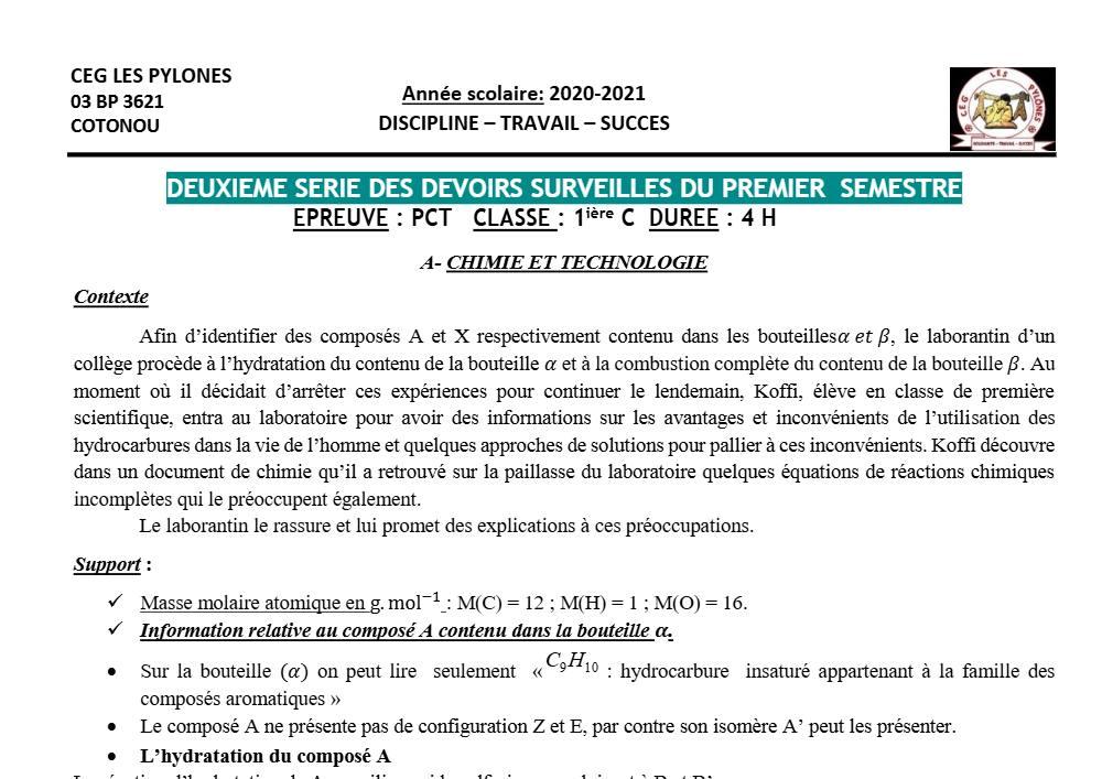 Aperçu de la première page — 1ère C Physique Chimie Technologie Devoir 2 Semestre 1 CEG Les Pylônes 2020 2021