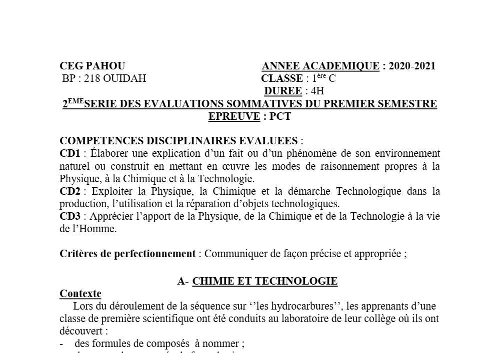 Aperçu de la première page — 1ère C Physique Chimie Technologie Devoir 2 Semestre 1 CEG Pahou 2020 2021