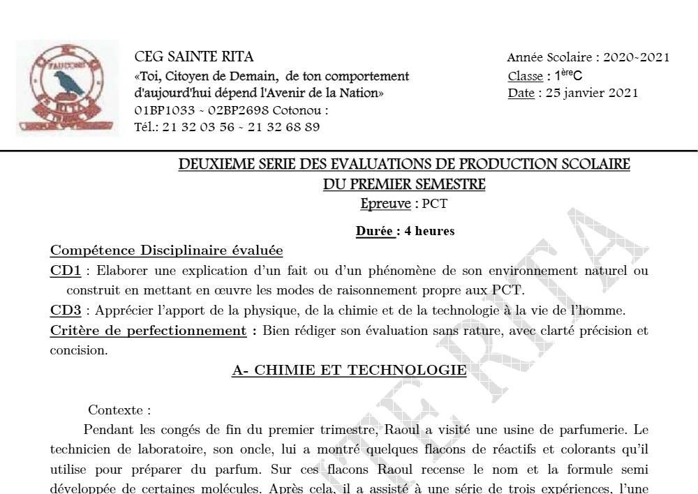 Aperçu de la première page — 1ère C Physique Chimie Technologie Devoir 2 Semestre 1 CEG Sainte Rita 2020 2021