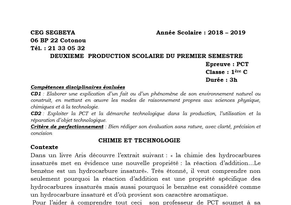 Aperçu de la première page — 1ère C Physique Chimie Technologie Devoir 2 Semestre 1 CEG Ségbéya 2018 2019