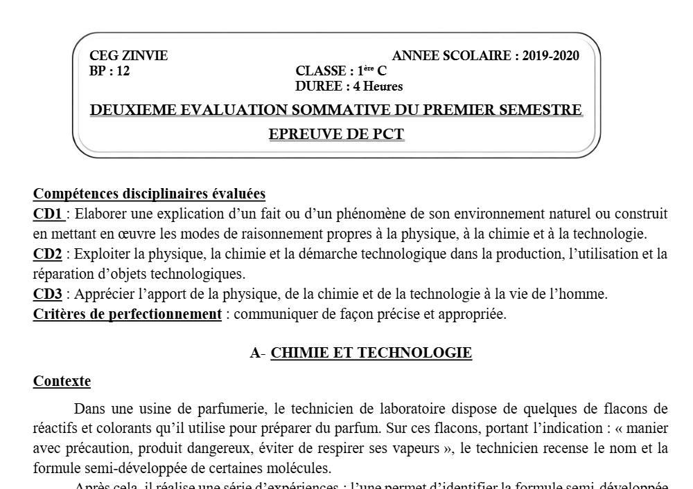 Aperçu de la première page — 1ère C Physique Chimie Technologie Devoir 2 Semestre 1 CEG Zinvié 2019 2020
