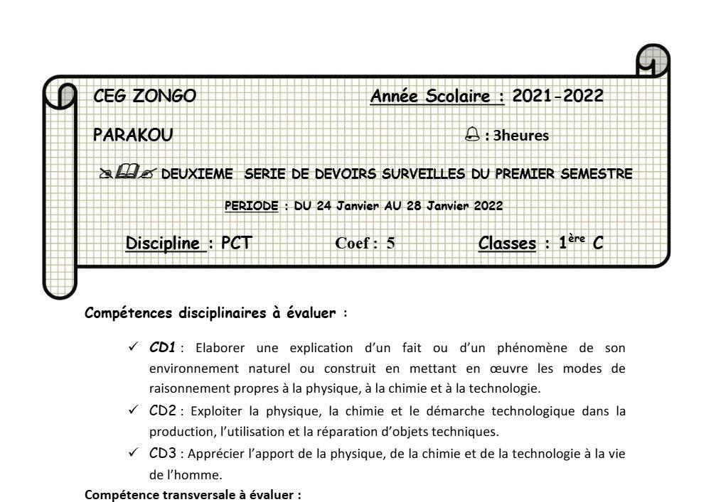 Aperçu de la première page — 1ère C Physique Chimie Technologie Devoir 2 Semestre 1 CEG Zongo 2021 2022