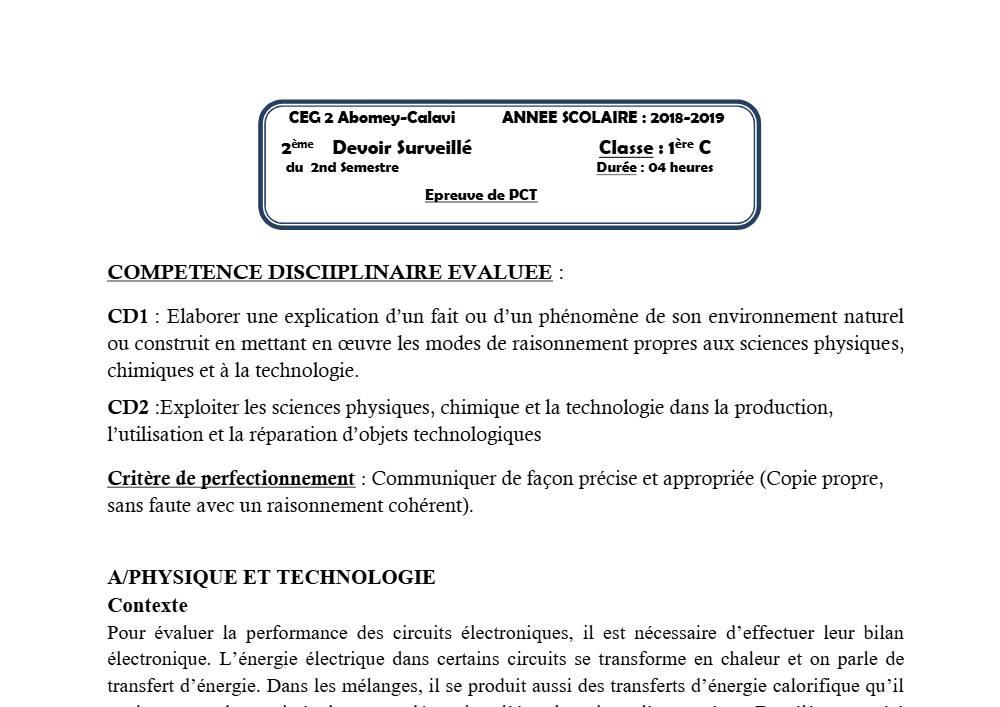 Aperçu de la première page — 1ère C Physique Chimie Technologie Devoir 2 Semestre 2 CEG2 Abomey Calavi 2018 2019