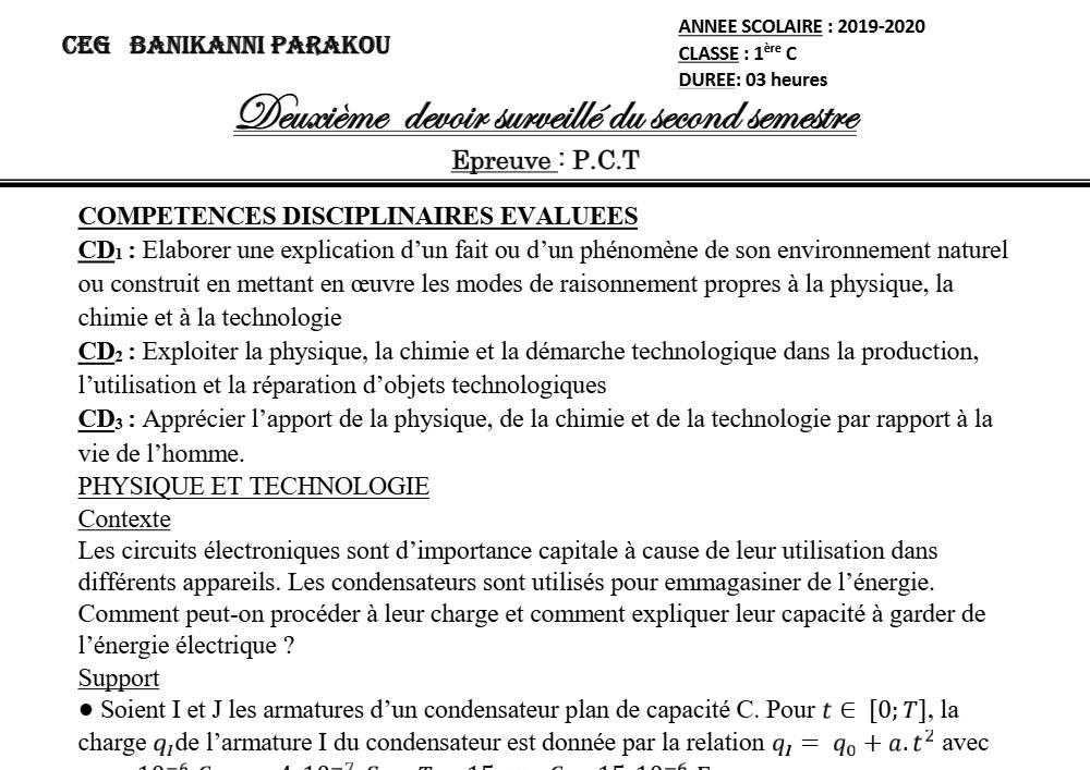 Aperçu de la première page — 1ère C Physique Chimie Technologie Devoir 2 Semestre 2 CEG Banikanni 2019 2020