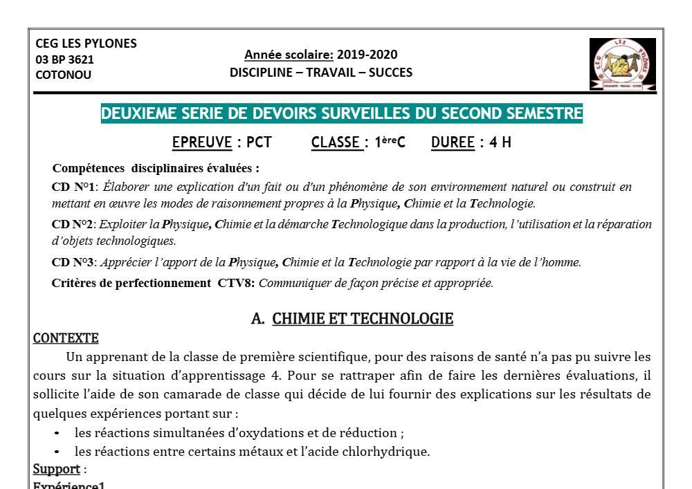 Aperçu de la première page — 1ère C Physique Chimie Technologie Devoir 2 Semestre 2 CEG Les Pylônes 2019 2020