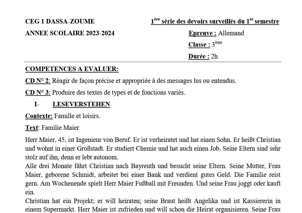 Aperçu de la première page — 3eme - 1er devoir du 1er semestre - Allemand CEG1 Dassa
