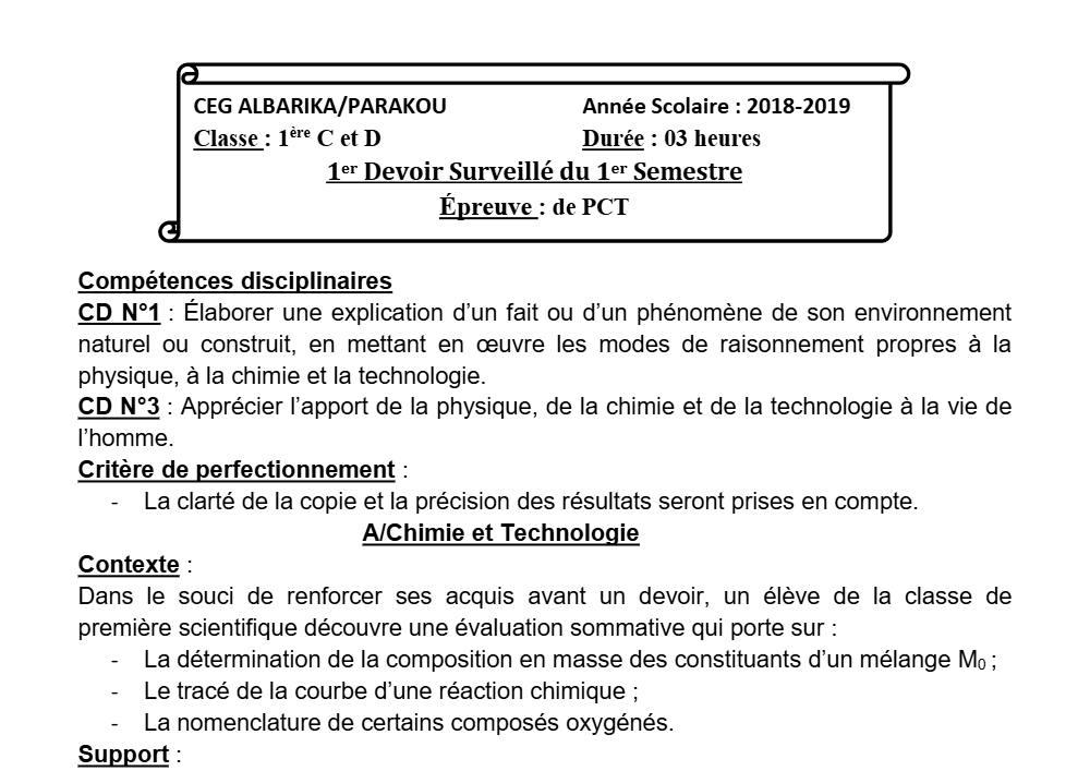 Aperçu de la première page — 1ère CD Physique Chimie Technologie Devoir 1 Semestre 1 CEG Albarika 2018 2019 (2) (3)