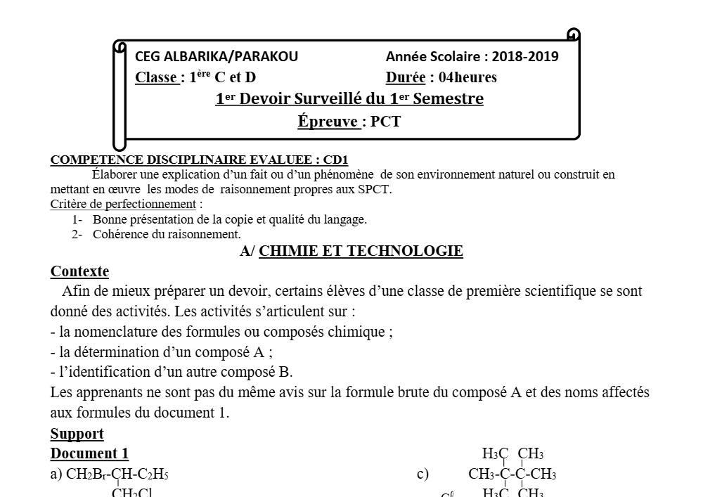 Aperçu de la première page — 1ère CD Physique Chimie Technologie Devoir 1 Semestre 1 CEG Albarika 2018 2019 (2)
