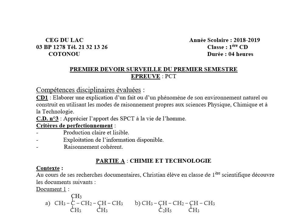 Aperçu de la première page — 1ère CD Physique Chimie Technologie Devoir 1 Semestre 1 CEG du Lac 2018 2019