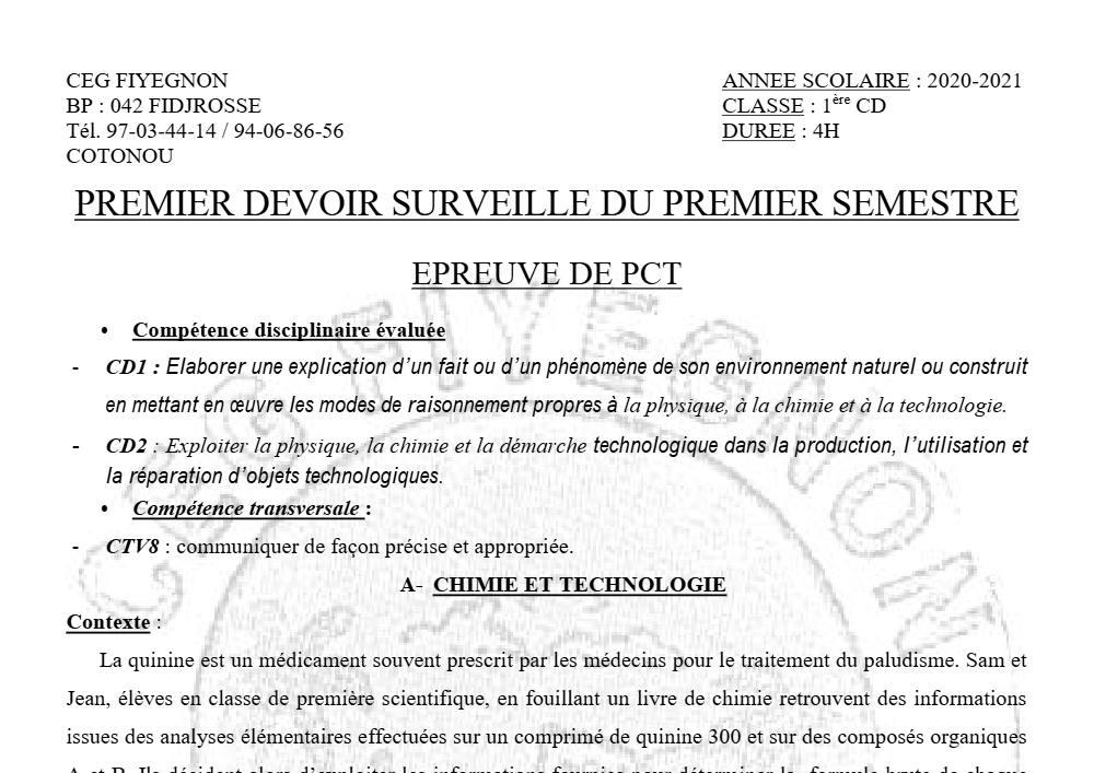 Aperçu de la première page — 1ère CD Physique Chimie Technologie Devoir 1 Semestre 1 CEG Fiyegnon 2020 2021