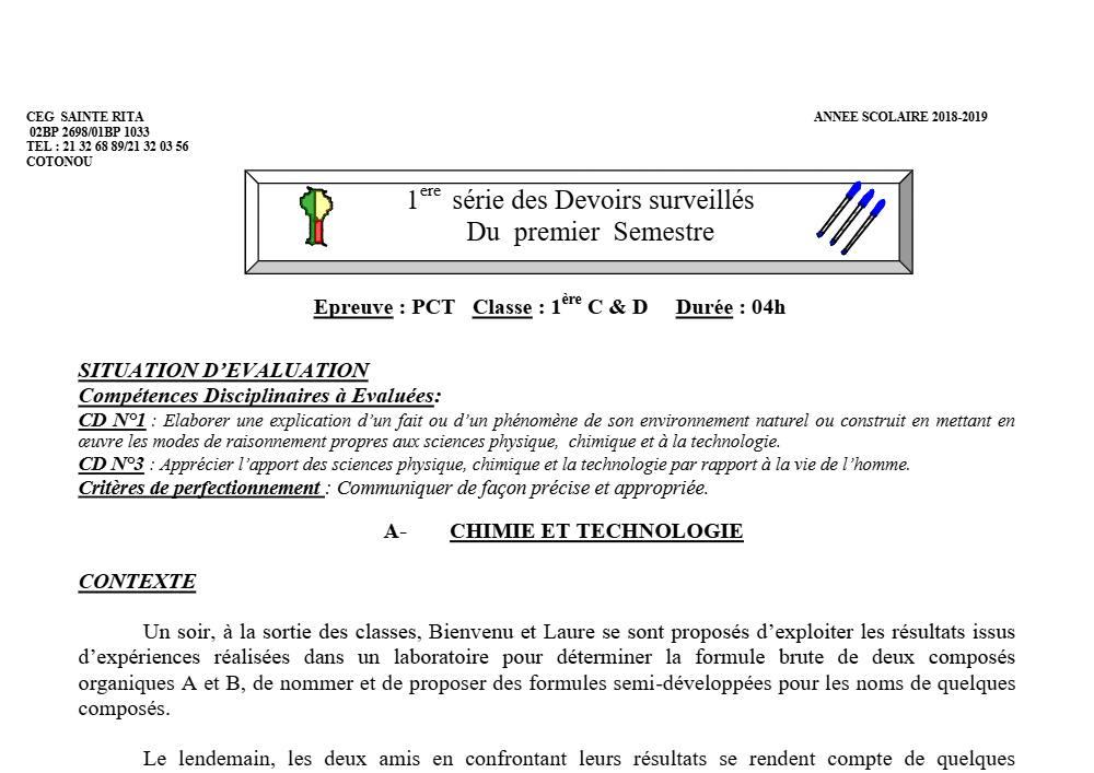 Aperçu de la première page — 1ère CD Physique Chimie Technologie Devoir 1 Semestre 1 CEG Sainte Rita 2018 2019