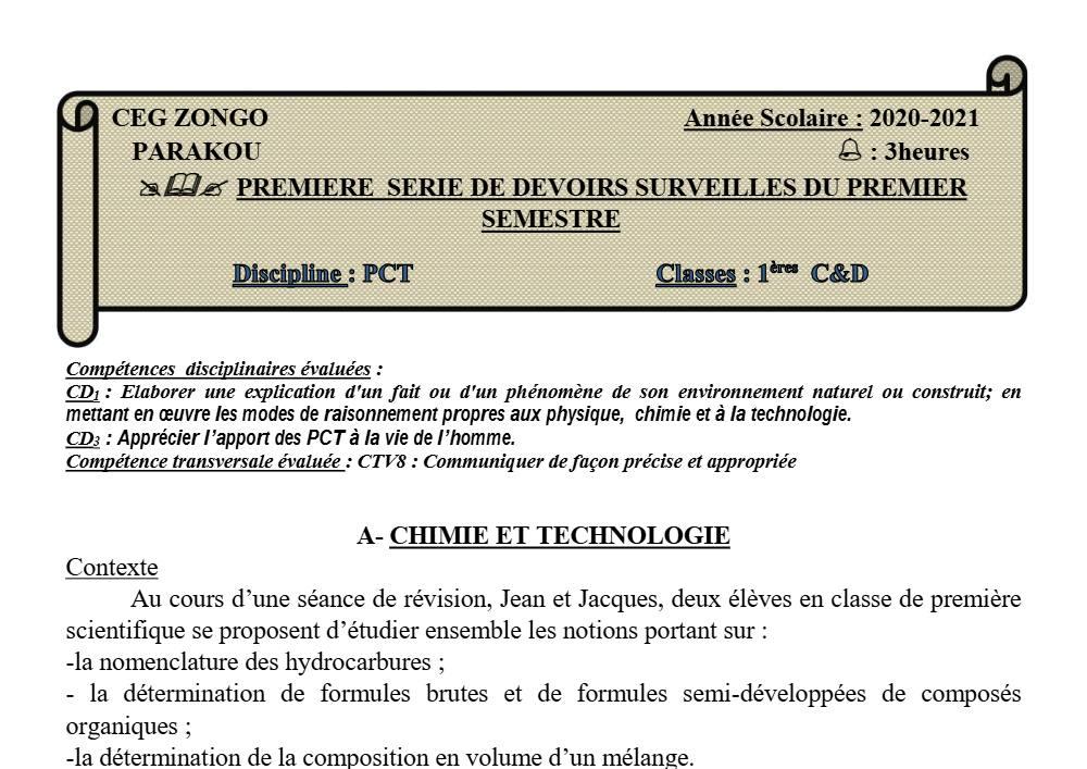 Aperçu de la première page — 1ère CD Physique Chimie Technologie Devoir 1 Semestre 1 CEG Zongo 2020 2021