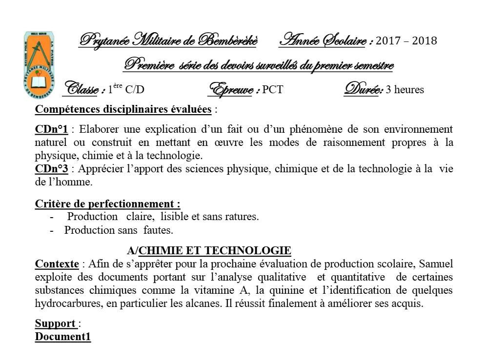Aperçu de la première page — 1ère CD Physique Chimie Technologie Devoir 1 Semestre 1 Prytanee Militaire de Bembereke 2018 2019