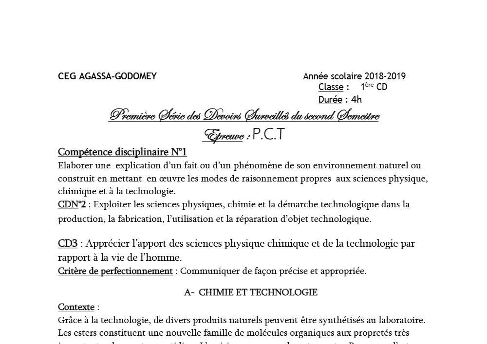 Aperçu de la première page — 1ère CD Physique Chimie Technologie Devoir 1 Semestre 2 CEG Agassa Godomey 2018 2019