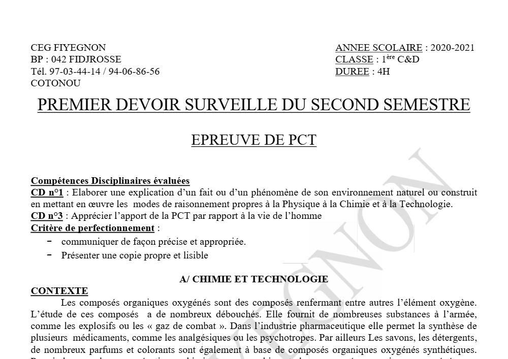 Aperçu de la première page — 1ère CD Physique Chimie Technologie Devoir 1 Semestre 2 CEG Fiyegnon 2020 2021