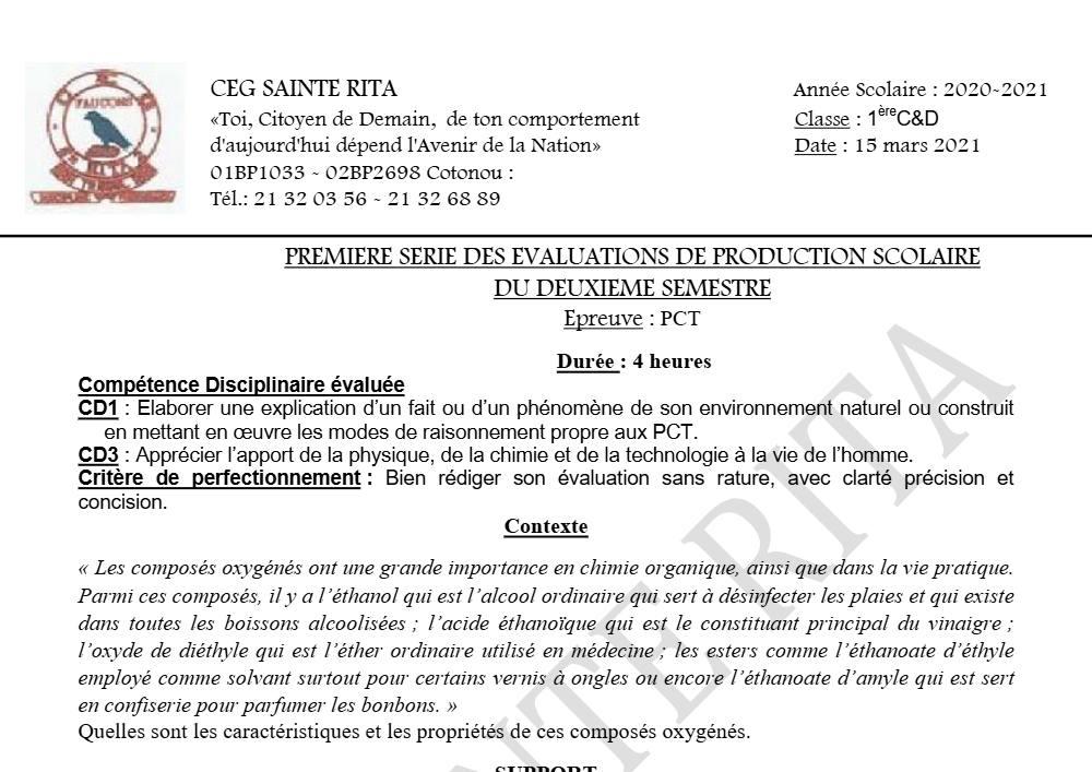 Aperçu de la première page — 1ère CD Physique Chimie Technologie Devoir 1 Semestre 2 CEG Sainte Rita 2020 2021
