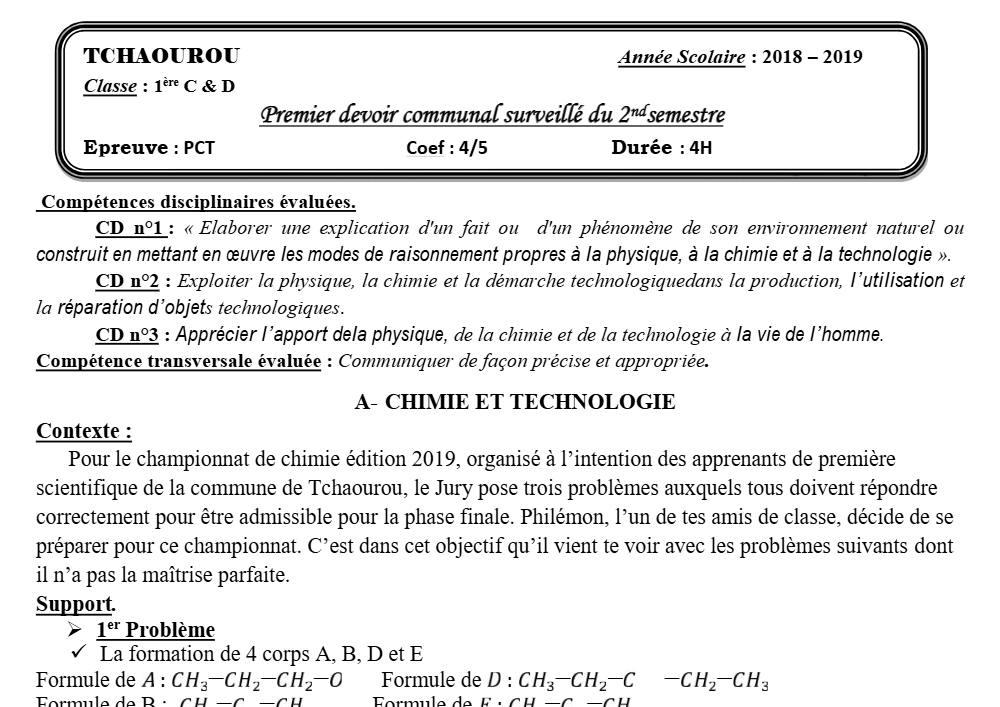 Aperçu de la première page — 1ère CD Physique Chimie Technologie Devoir 1 Semestre 2 CEG Tchaourou 2018 2019