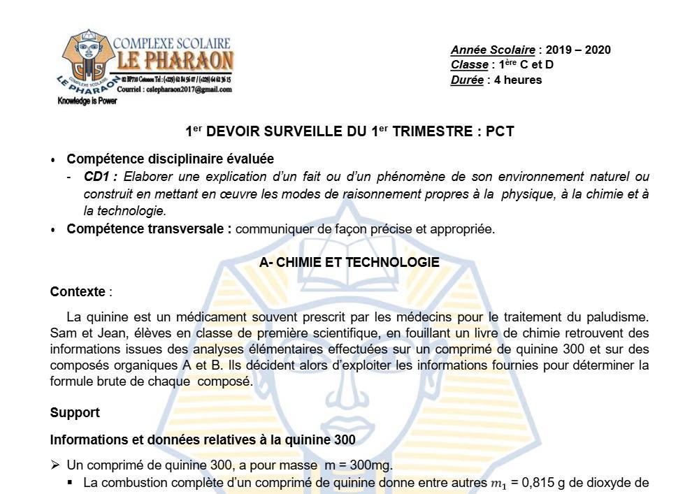 Aperçu de la première page — 1ère CD Physique Chimie Technologie Devoir 1 Trimestre 1 CS Le Pharaon 2019 2020