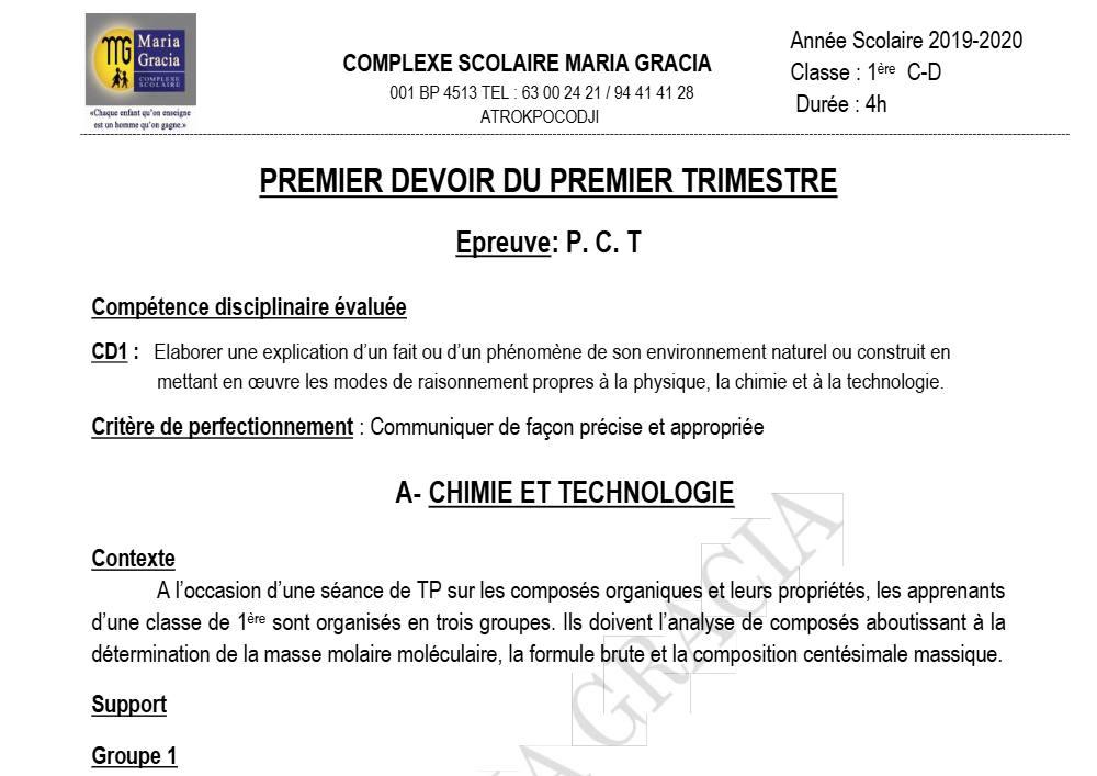 Aperçu de la première page — 1ère CD Physique Chimie Technologie Devoir 1 Trimestre 1 CS Maria Gracia 2019 2020
