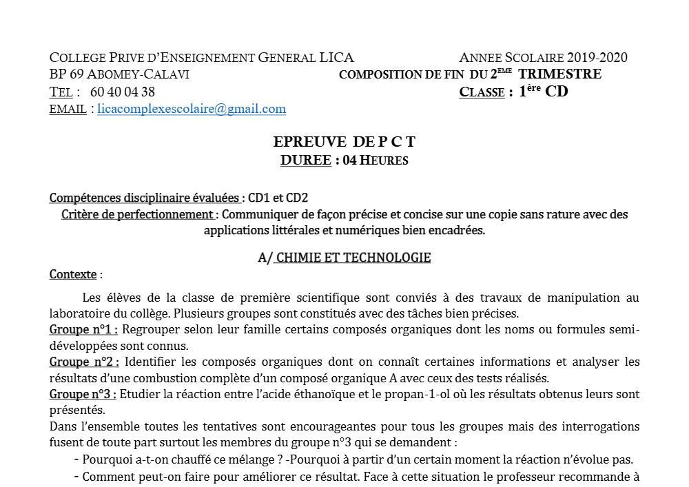 Aperçu de la première page — 1ère CD Physique Chimie Technologie Devoir 1 Trimestre 2 CPEG Lica 2019 2020
