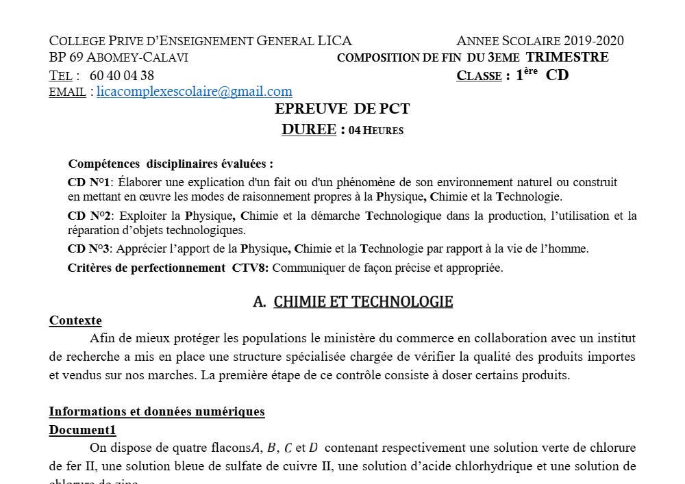 Aperçu de la première page — 1ère CD Physique Chimie Technologie Devoir 1 Trimestre 3 CPEG Lica 2019 2020