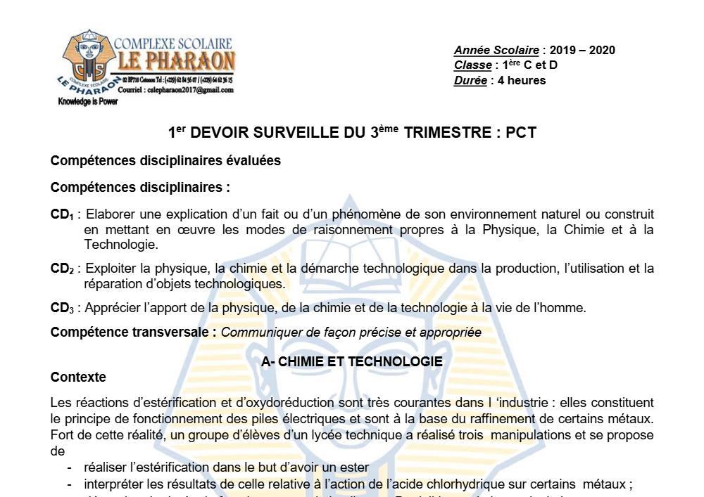 Aperçu de la première page — 1ère CD Physique Chimie Technologie Devoir 1 Trimestre 3 CS Le Pharaon 2019 2020