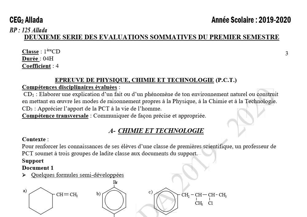 Aperçu de la première page — 1ère CD Physique Chimie Technologie Devoir 2 Semestre 1 CEG2 Allada 2019 2020