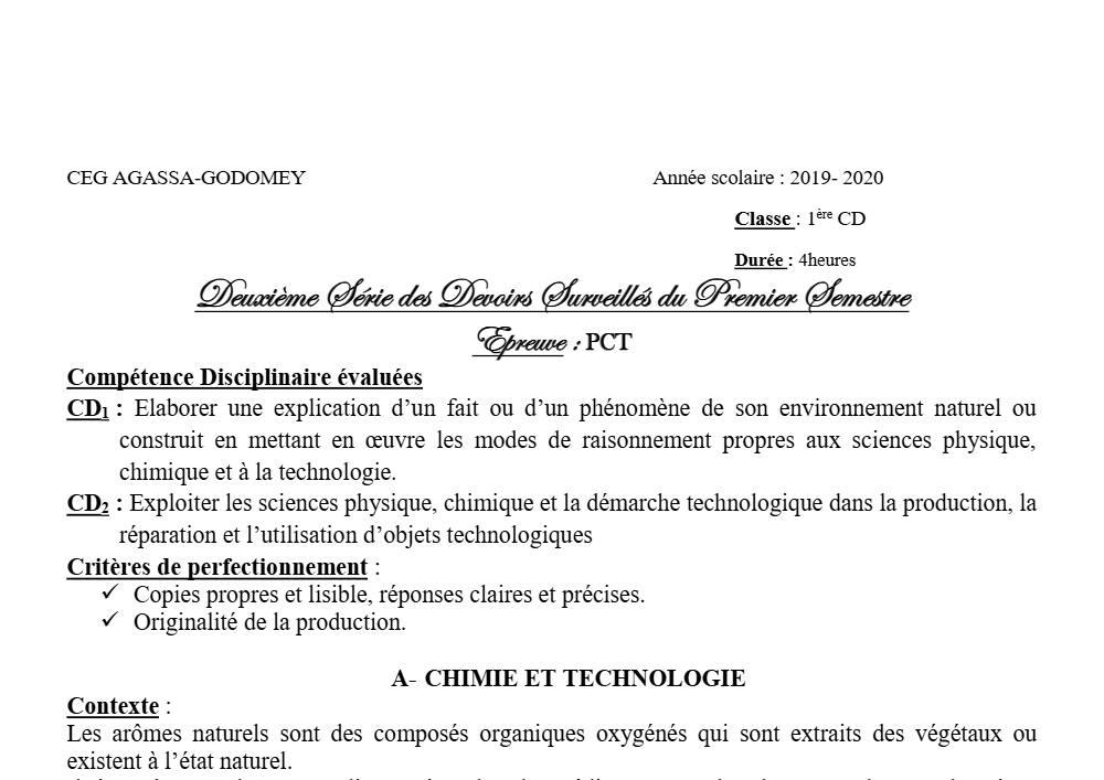 Aperçu de la première page — 1ère CD Physique Chimie Technologie Devoir 2 Semestre 1 CEG Agassa Godomey 2019 2020
