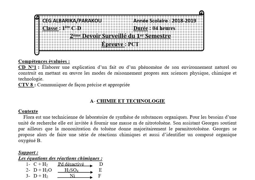 Aperçu de la première page — 1ère CD Physique Chimie Technologie Devoir 2 Semestre 1 CEG Albarika 2018 2019 (2)