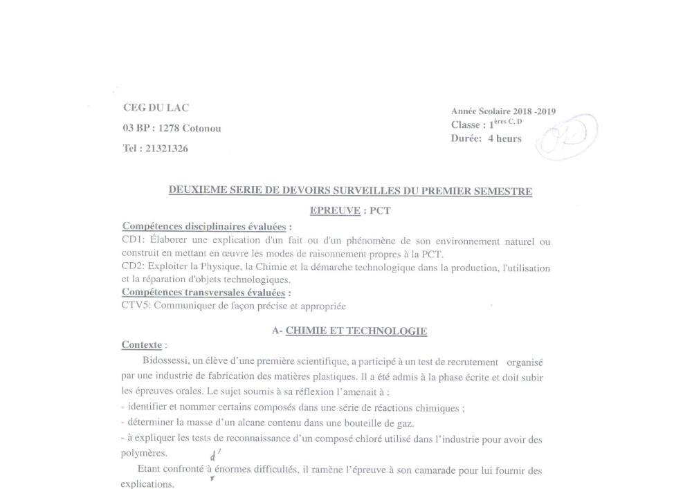 Aperçu de la première page — 1ère CD Physique Chimie Technologie Devoir 2 Semestre 1 CEG du Lac 2018 2019