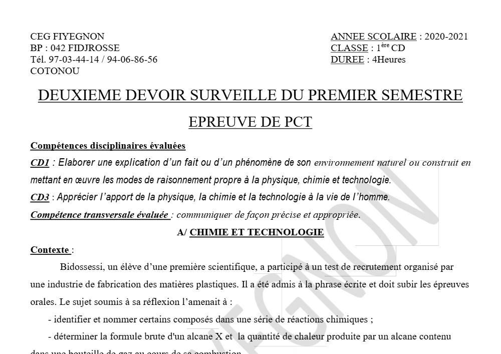 Aperçu de la première page — 1ère CD Physique Chimie Technologie Devoir 2 Semestre 1 CEG Fiyegnon 2020 2021