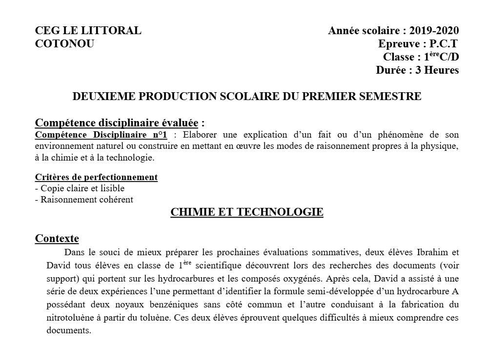 Aperçu de la première page — 1ère CD Physique Chimie Technologie Devoir 2 Semestre 1 CEG Le Littoral 2019 2020