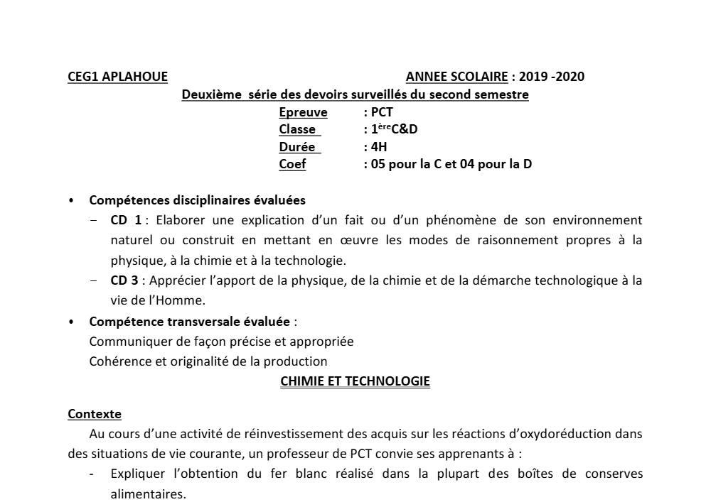 Aperçu de la première page — 1ère CD Physique Chimie Technologie Devoir 2 Semestre 2 CEG1 Aplahoué 2019 2020
