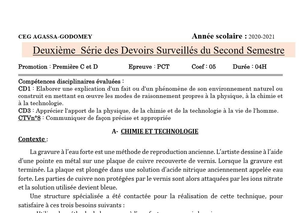 Aperçu de la première page — 1ère CD Physique Chimie Technologie Devoir 2 Semestre 2 CEG Agassa Godomey 2020 2021